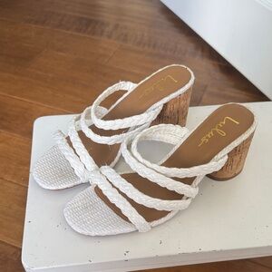 Lulu's White Braided Strap Cork Block Heel Mules
